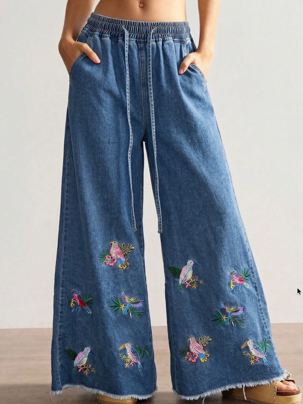 Medium Wash Birds Tropical Embroidered Wide leg Denim Pants - Picture 5 of 7